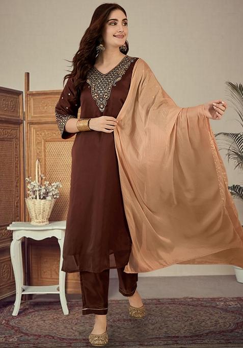 Brown Sequin Embroidered Silk Salwar Kameez With Dupatta