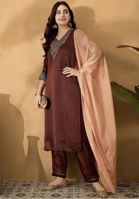 Brown Sequin Embroidered Silk Salwar Kameez With Dupatta