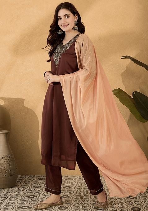 Brown Sequin Embroidered Silk Salwar Kameez With Dupatta