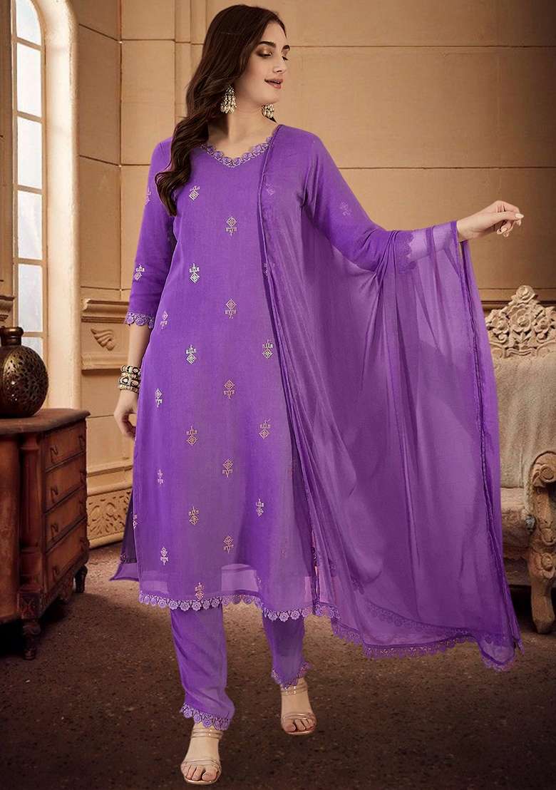 Lavender Embroidered Georgette Straight Kurta Set - Indya