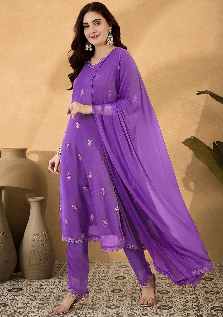 Lavender Embroidered Georgette Straight Kurta Set - Indya