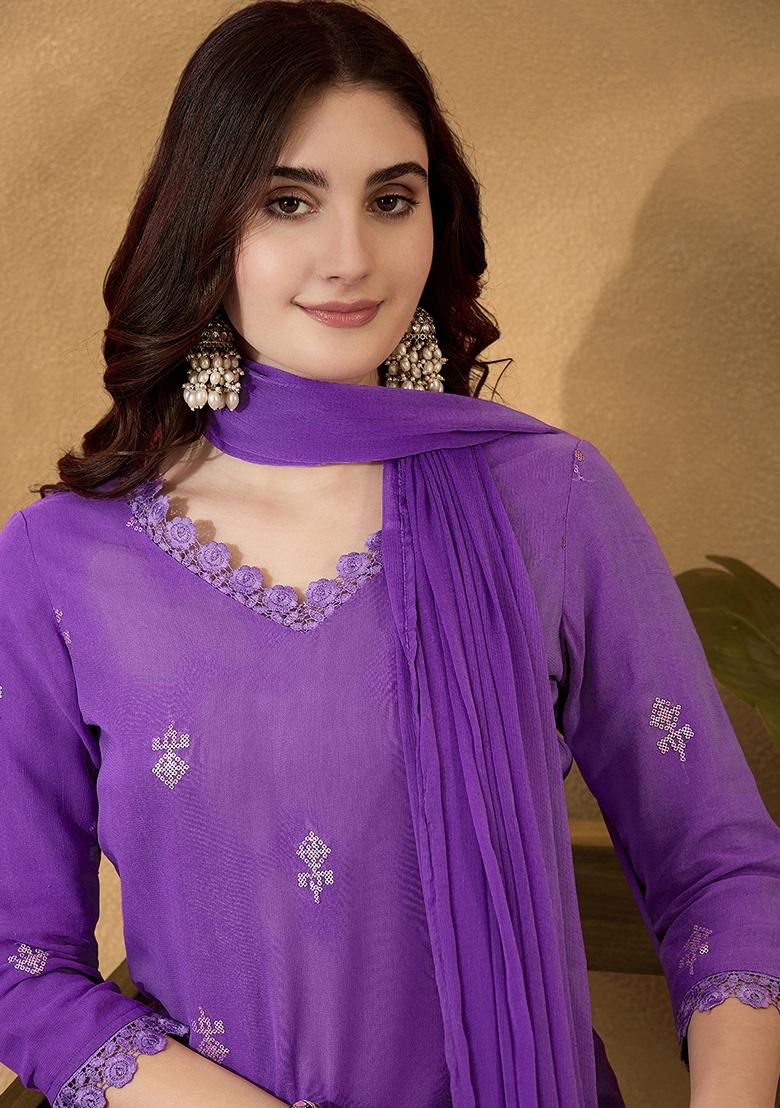 Lavender Sequin Embroidered Georgette Salwar Kameez With Dupatta