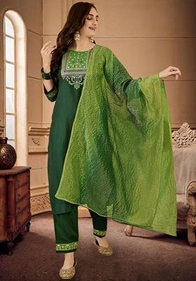 Green Sequin Embroidered Chinon Salwar Kameez With Dupatta