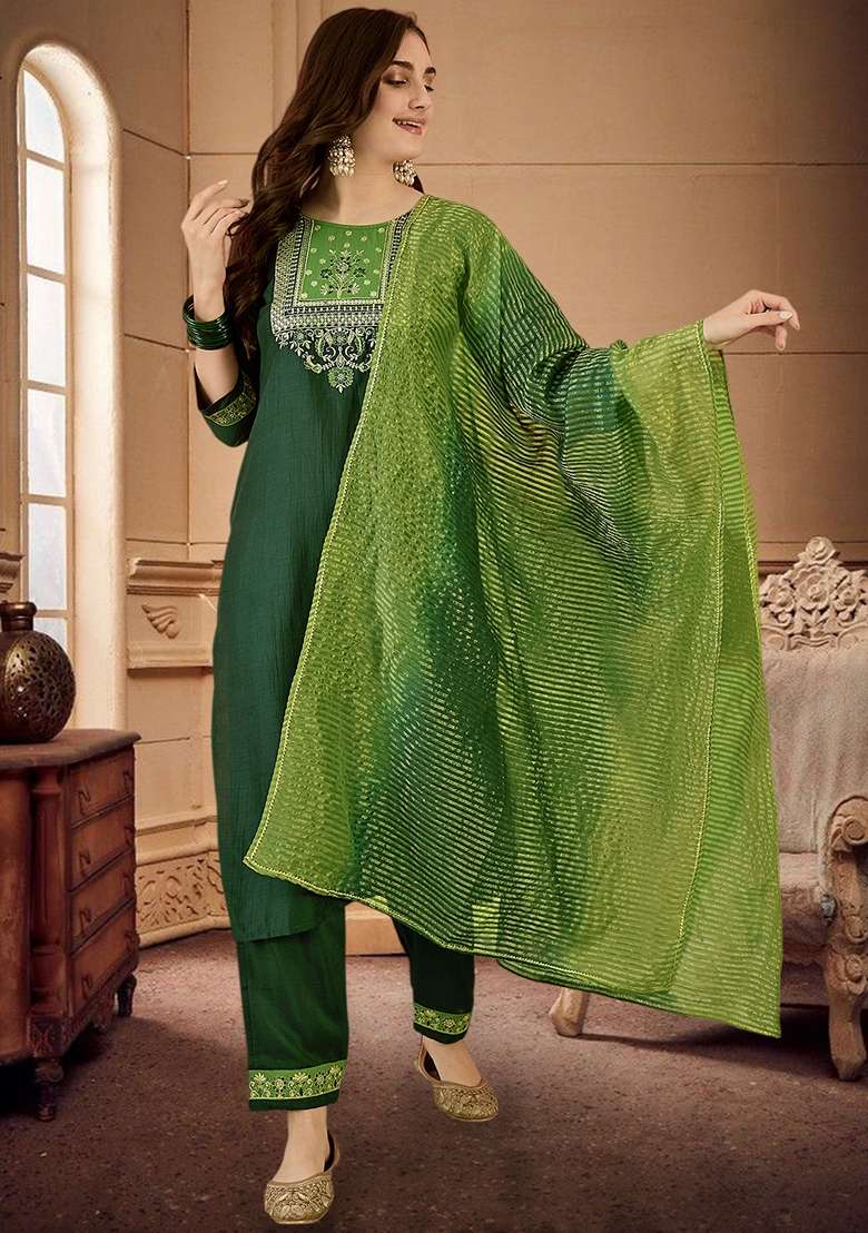 Green Embroidered Chinon Straight Kurta Set - Indya