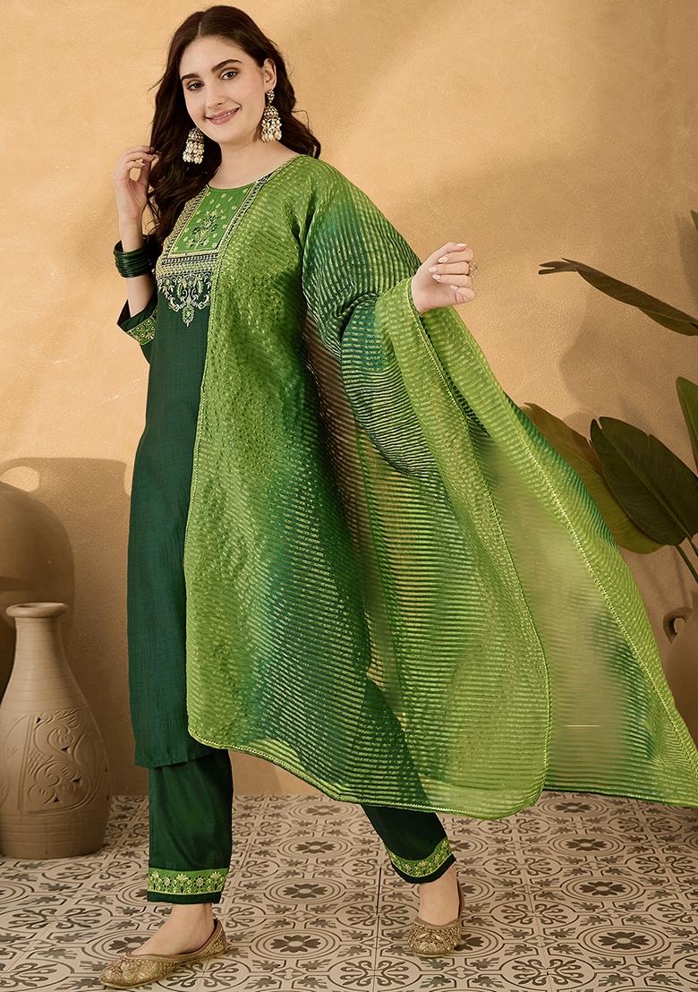 Green Sequin Embroidered Chinon Salwar Kameez With Dupatta