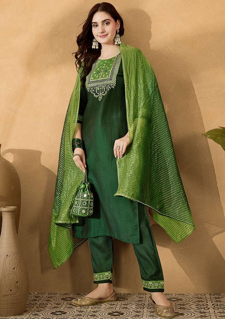 Green Embroidered Chinon Straight Kurta Set - Indya