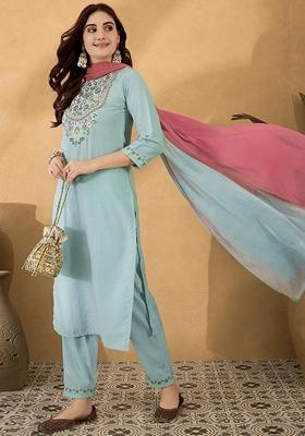 Sky Blue Sequin Embroidered Chinon Salwar Kameez With Dupatta