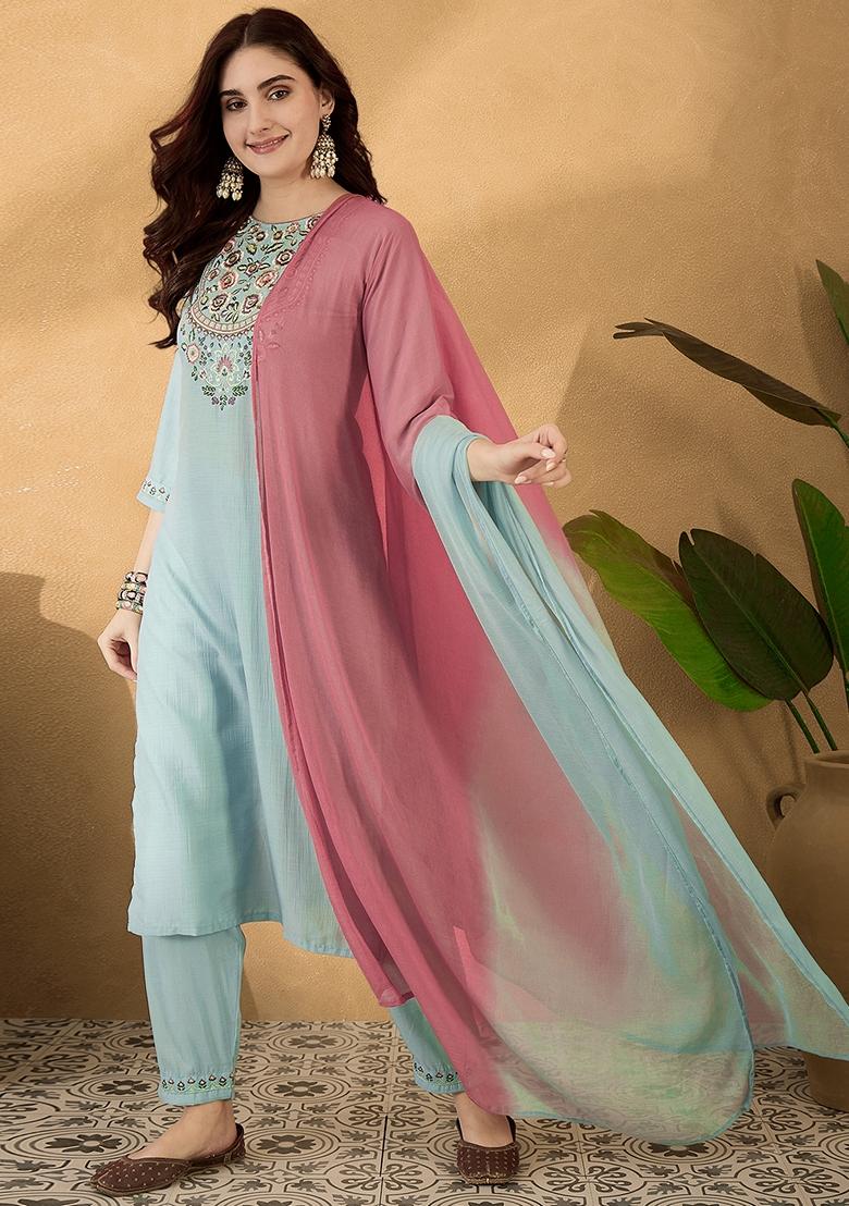 Sky Blue Sequin Embroidered Chinon Salwar Kameez With Dupatta