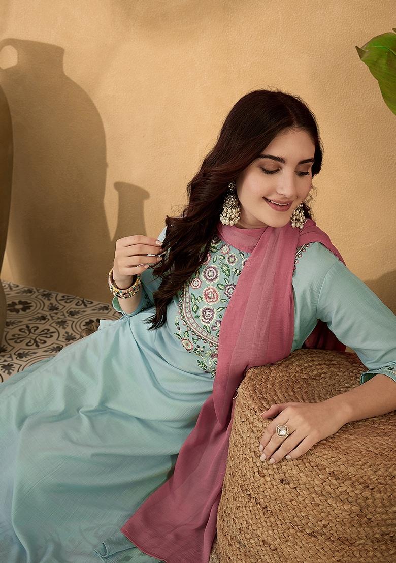 Sky Blue Sequin Embroidered Chinon Salwar Kameez With Dupatta