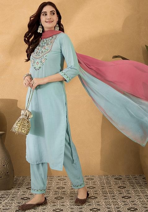 Sky Blue Sequin Embroidered Chinon Salwar Kameez With Dupatta