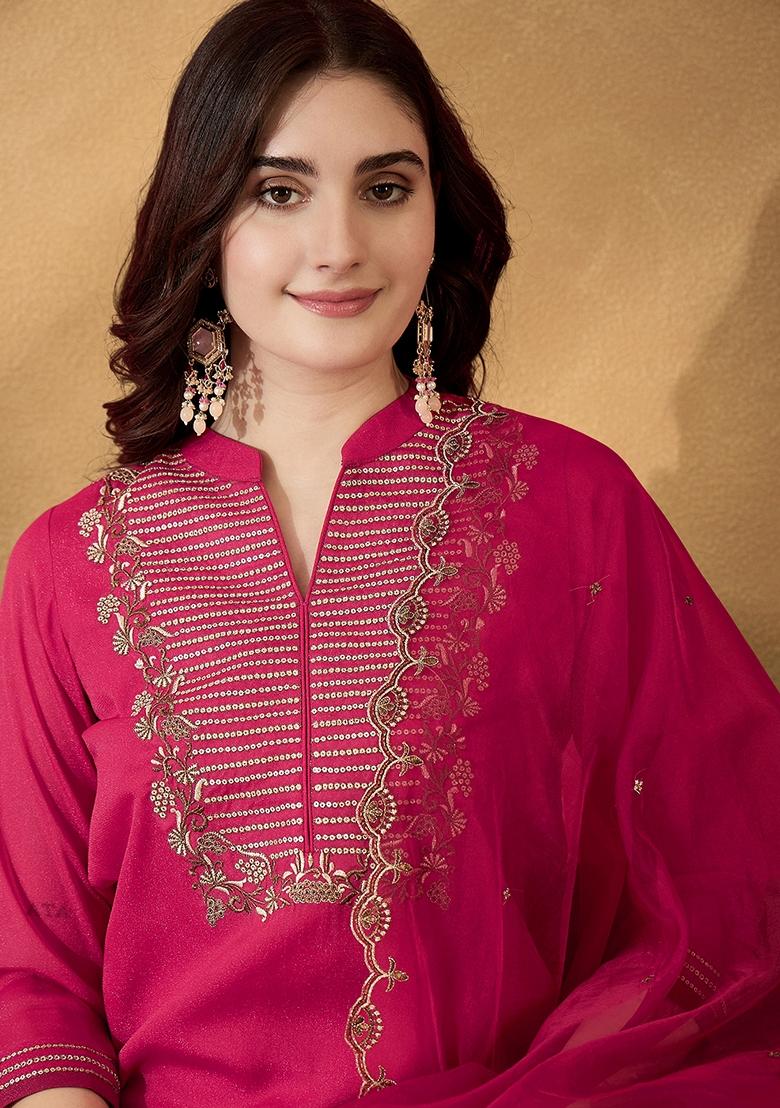 Rani Pink Sequin Embroidered Georgette Salwar Kameez With Dupatta