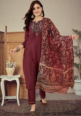 Brown Sequin Embroidered Chinon Salwar Kameez With Dupatta