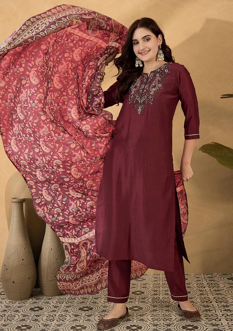 Brown Sequin Embroidered Chinon Salwar Kameez With Dupatta