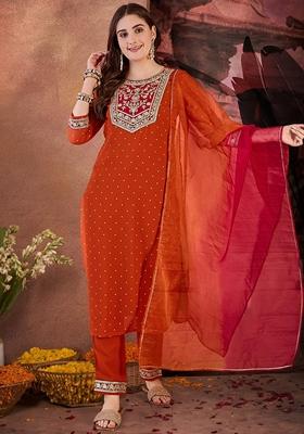 Orange Sequin Embroidered Georgette Salwar Kameez With Dupatta