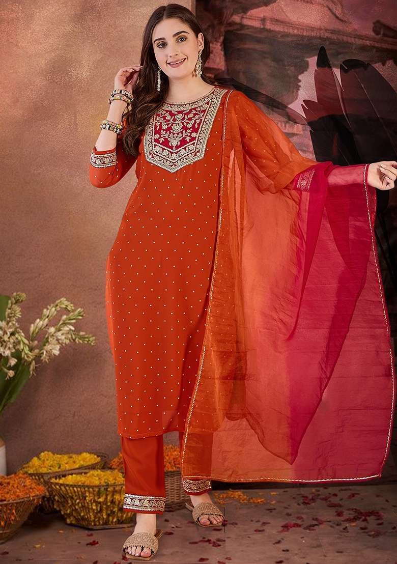 Orange Embroidered Georgette Straight Kurta Set - Indya