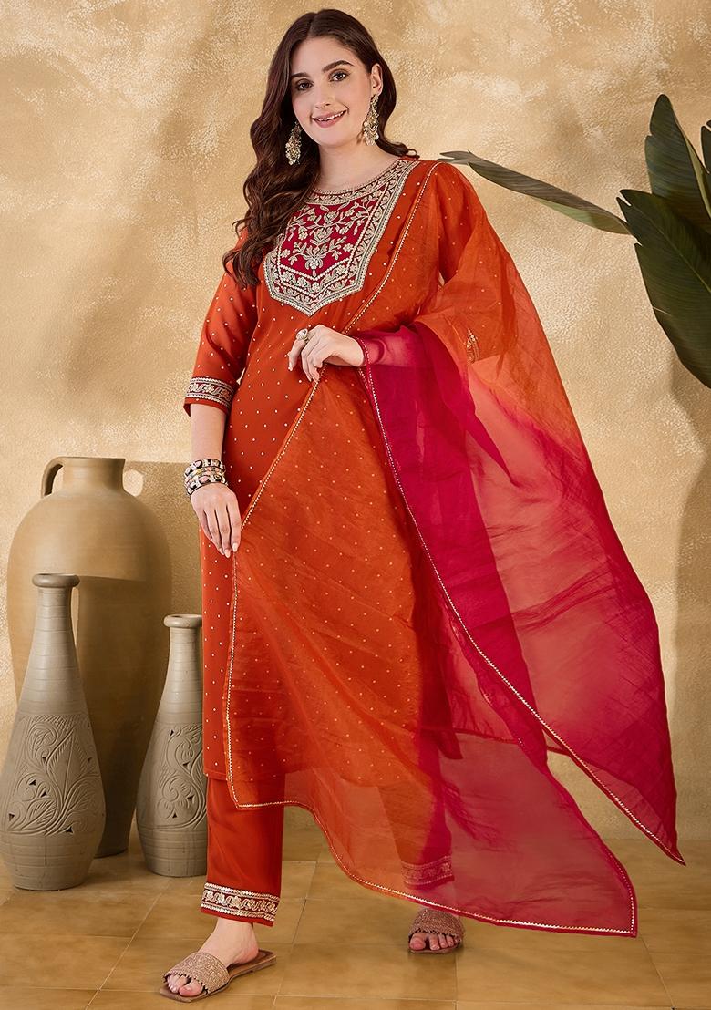 Orange Sequin Embroidered Georgette Salwar Kameez With Dupatta