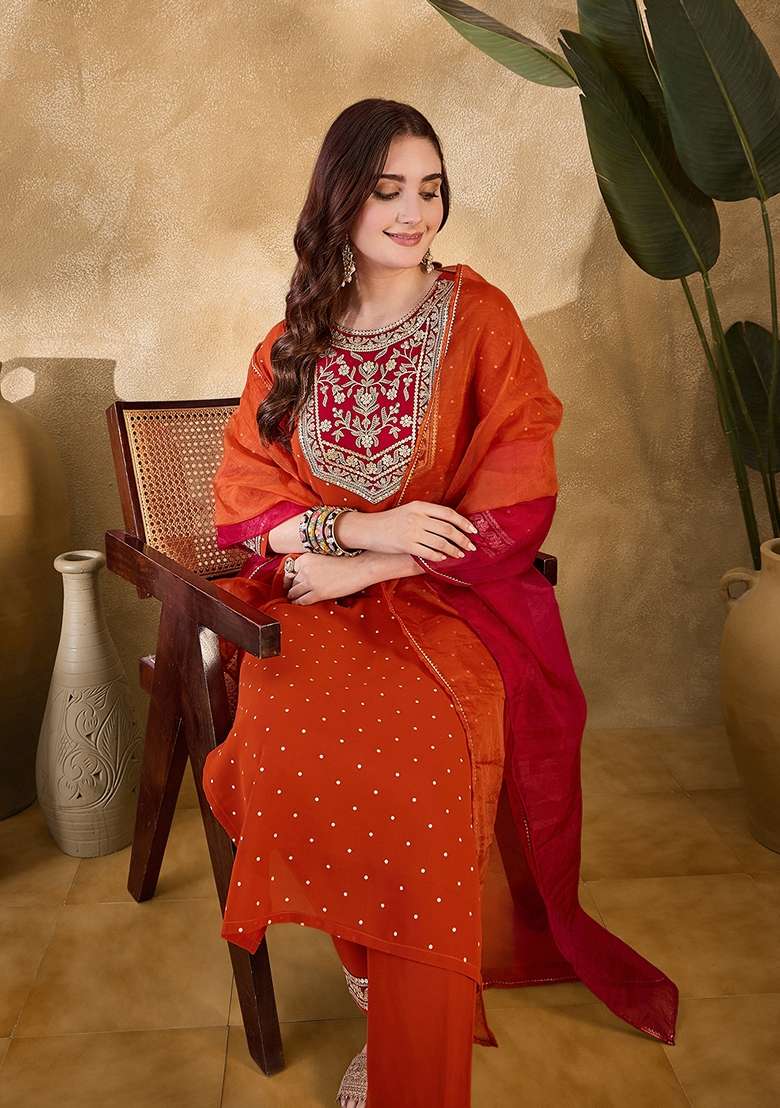 Orange Embroidered Georgette Straight Kurta Set - Indya