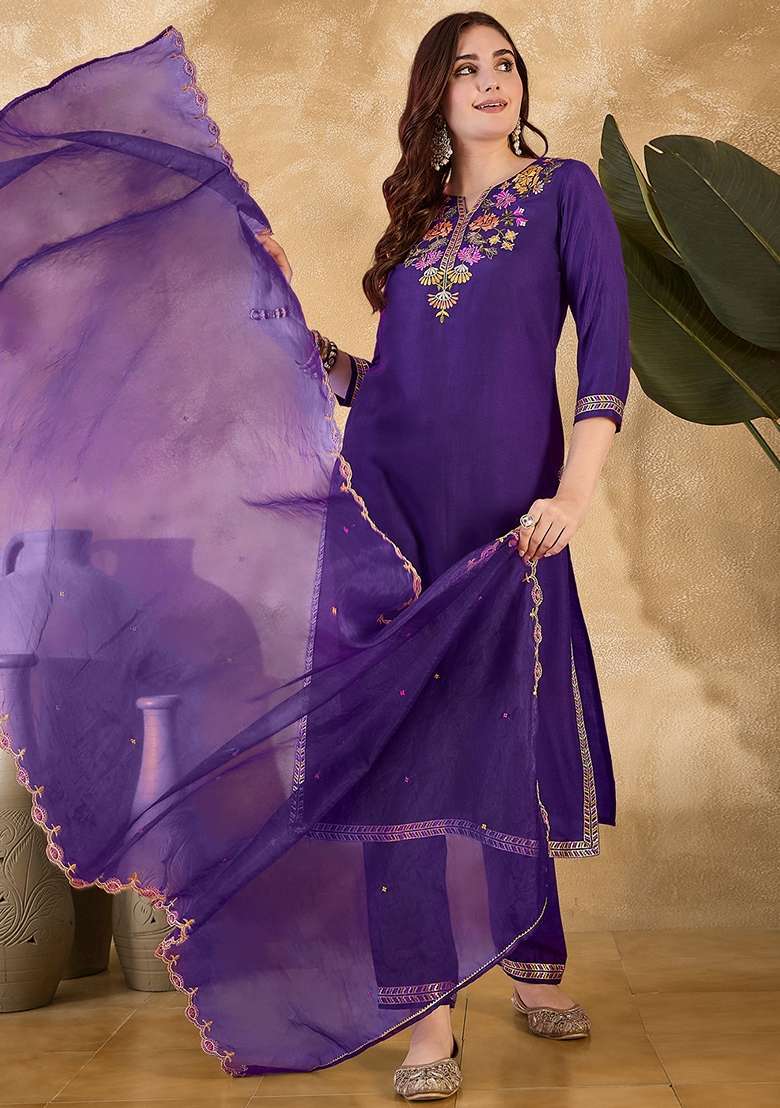 Purple Embroidered Chinon Straight Kurta Set - Indya