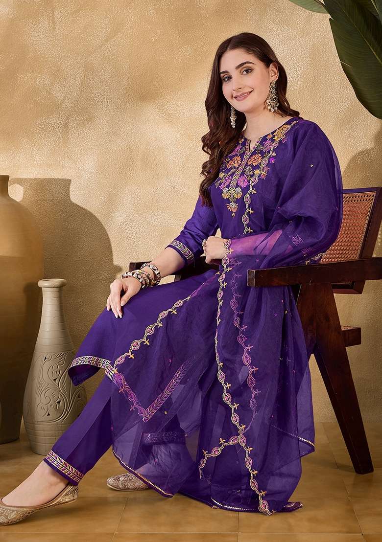 Purple Embroidered Chinon Straight Kurta Set - Indya
