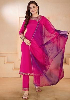 Rani Pink Sequin Embroidered Cotton Blend Salwar Kameez With Dupatta