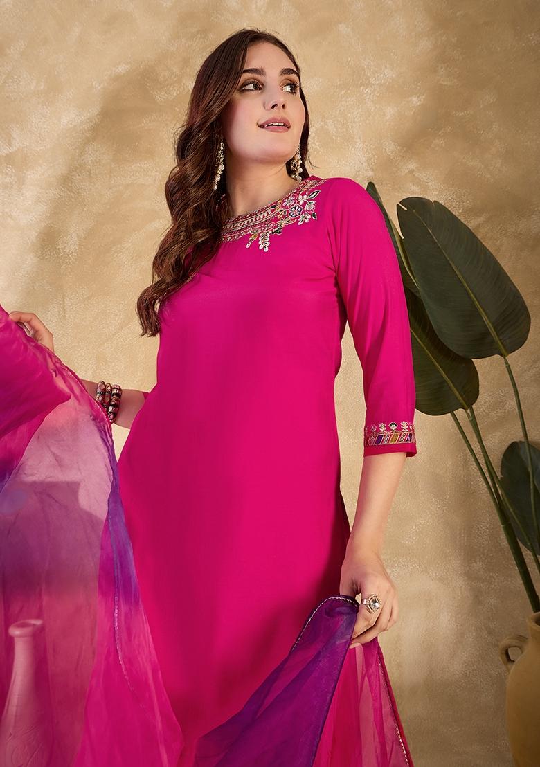 Rani Pink Sequin Embroidered Cotton Blend Salwar Kameez With Dupatta
