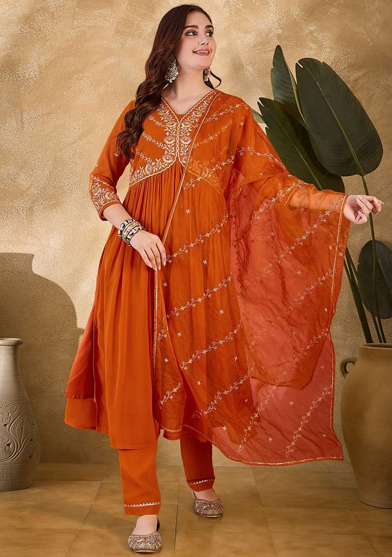 Orange Embroidered Georgette Anarkali Set - Indya