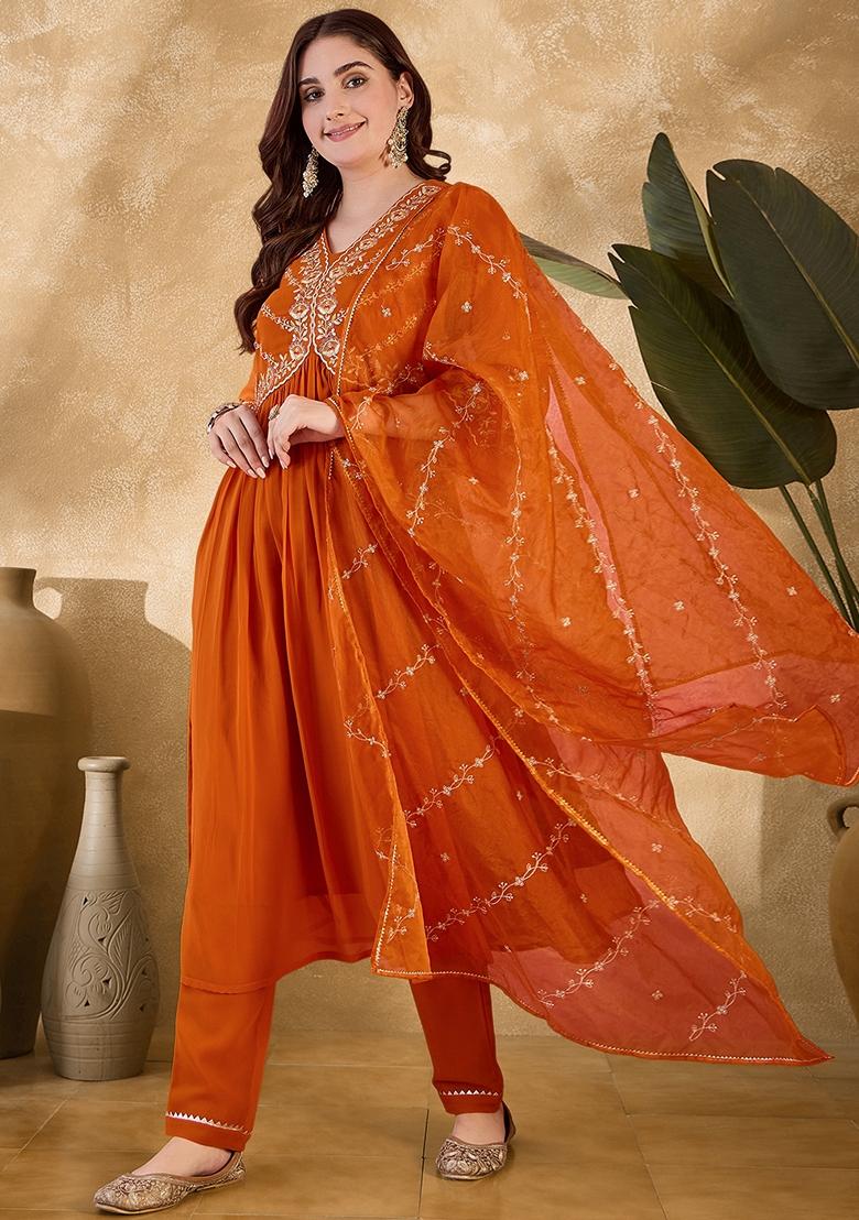 Orange Sequin Embroidered Georgette Salwar Kameez With Dupatta