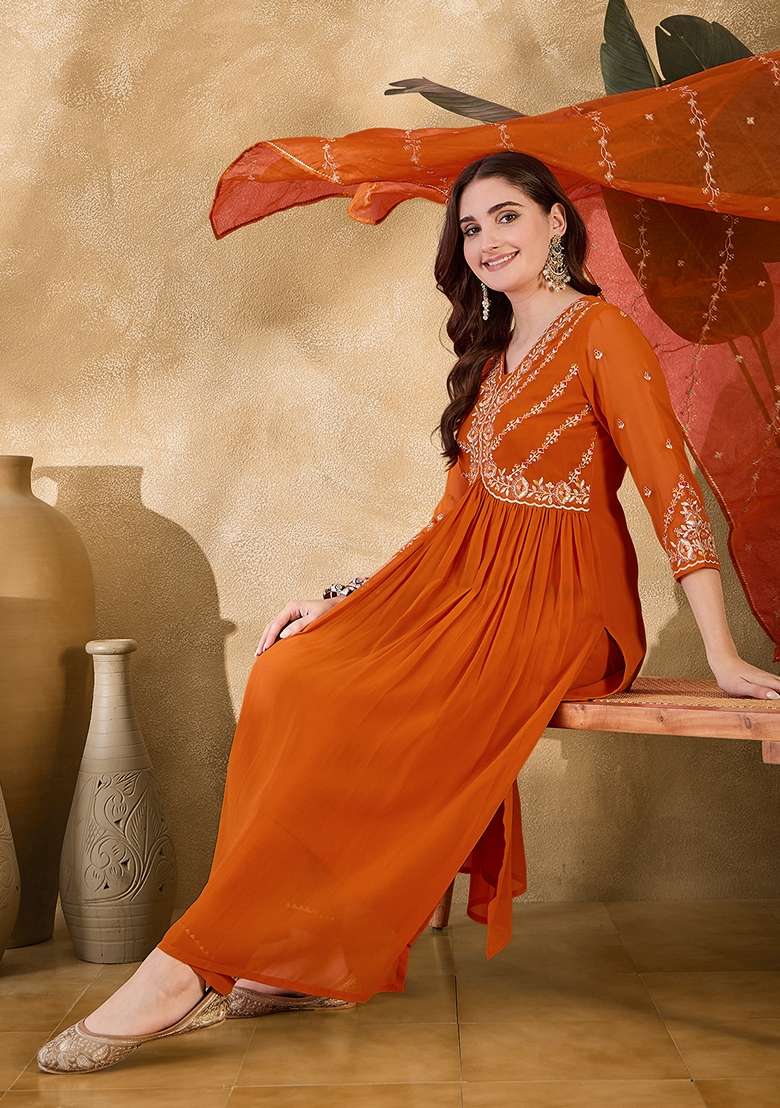 Orange Embroidered Georgette Anarkali Set - Indya