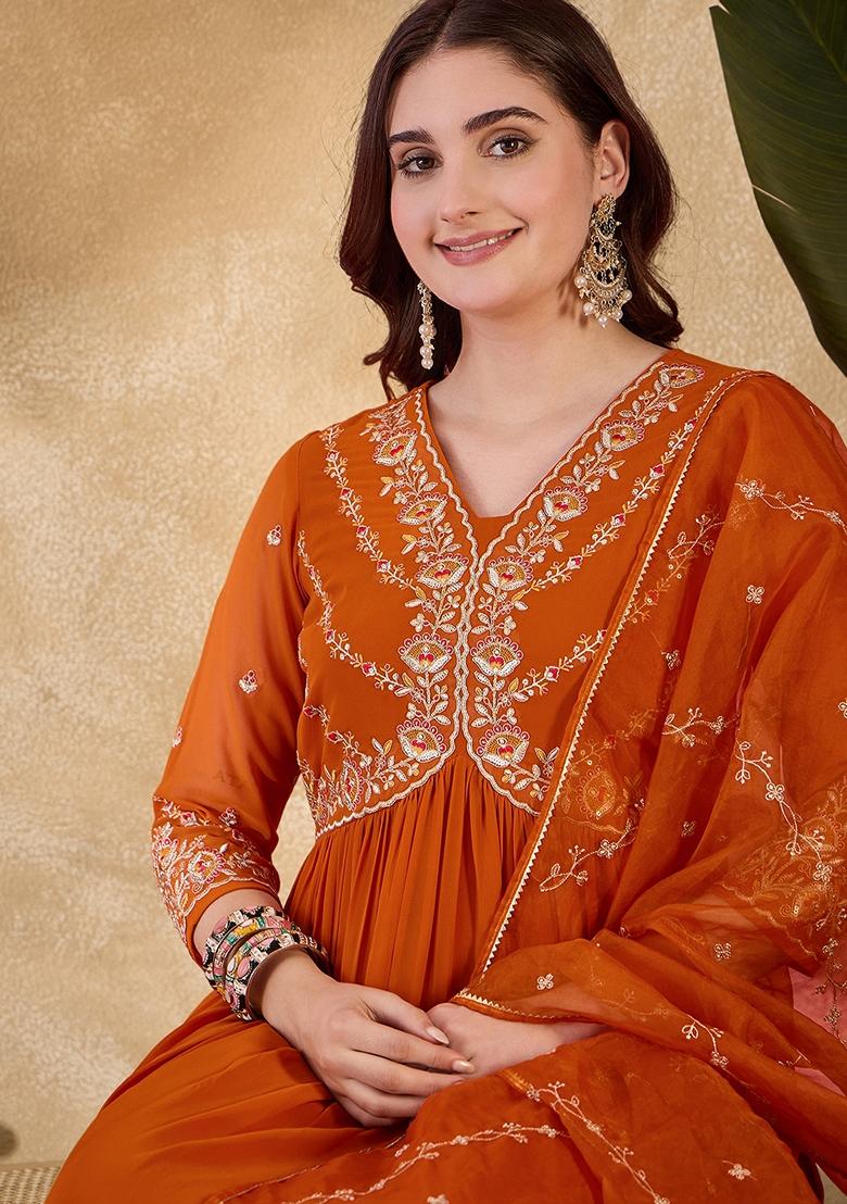 Orange Sequin Embroidered Georgette Salwar Kameez With Dupatta