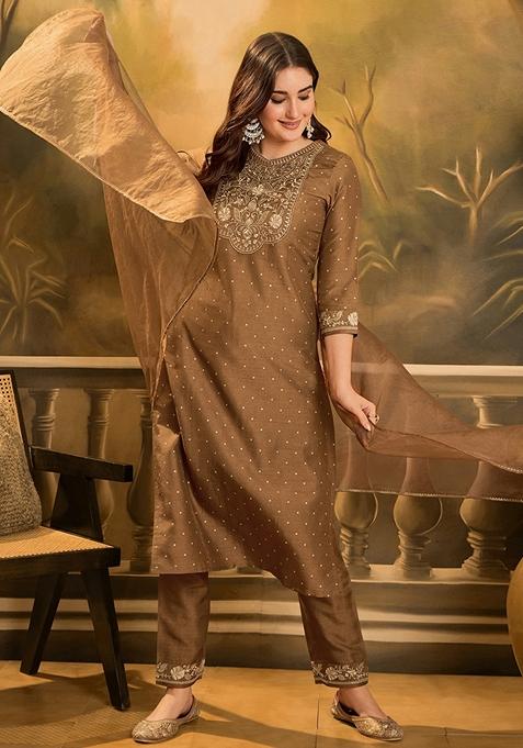 Mousse Blue Sequin Embroidered Chinon Salwar Kameez With Dupatta — view on Indya