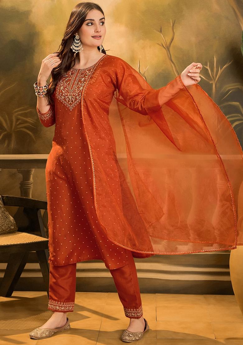 Orange Sequin Embroidered Chinon Salwar Kameez With Dupatta