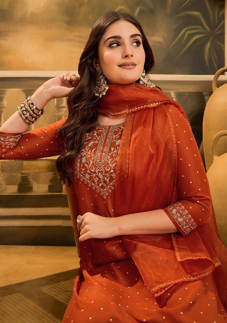 Orange Sequin Embroidered Chinon Salwar Kameez With Dupatta