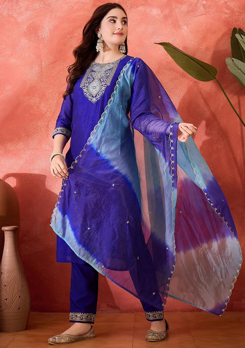 Blue Sequin Embroidered Organza Salwar Kameez With Dupatta