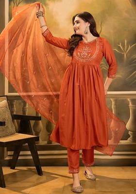 Orange Sequin Embroidered Chinon Salwar Kameez With Dupatta
