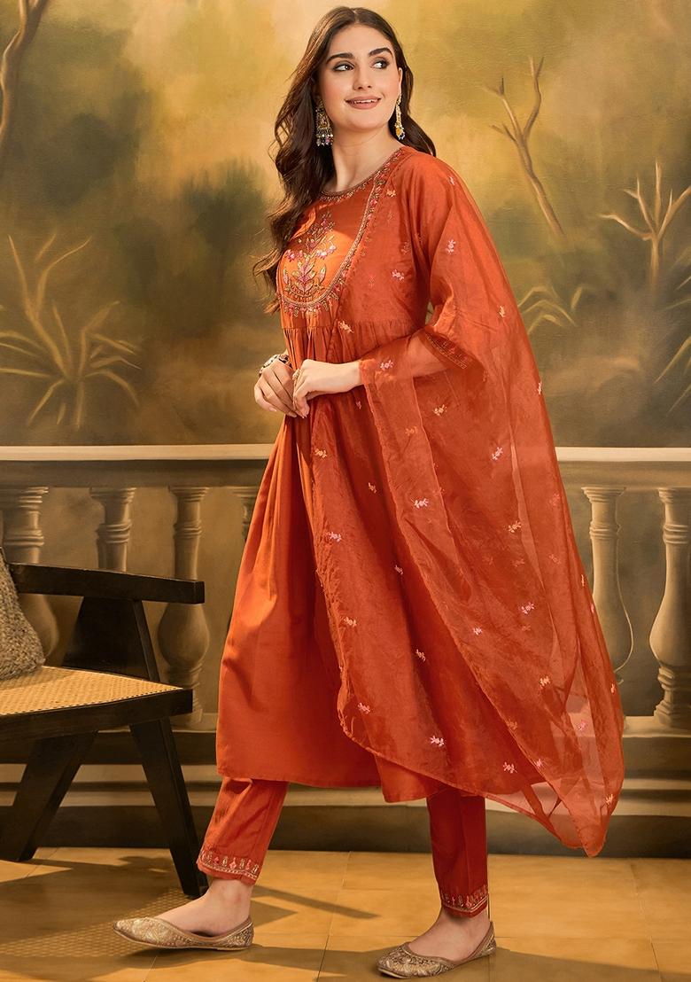 Orange Sequin Embroidered Chinon Salwar Kameez With Dupatta