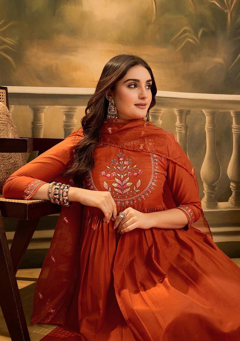 Orange Sequin Embroidered Chinon Salwar Kameez With Dupatta