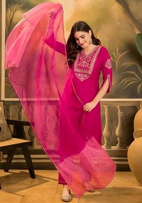 Rani Pink Sequin Embroidered Silk Salwar Kameez With Dupatta