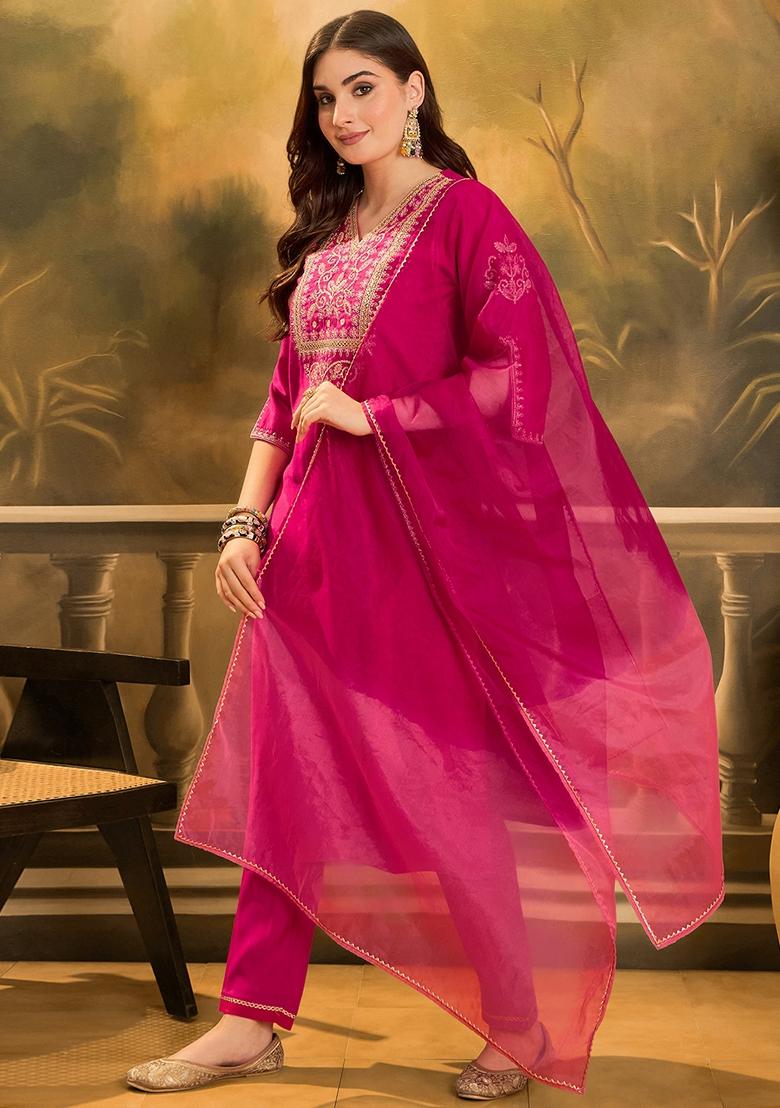 Rani Pink Sequin Embroidered Silk Salwar Kameez With Dupatta