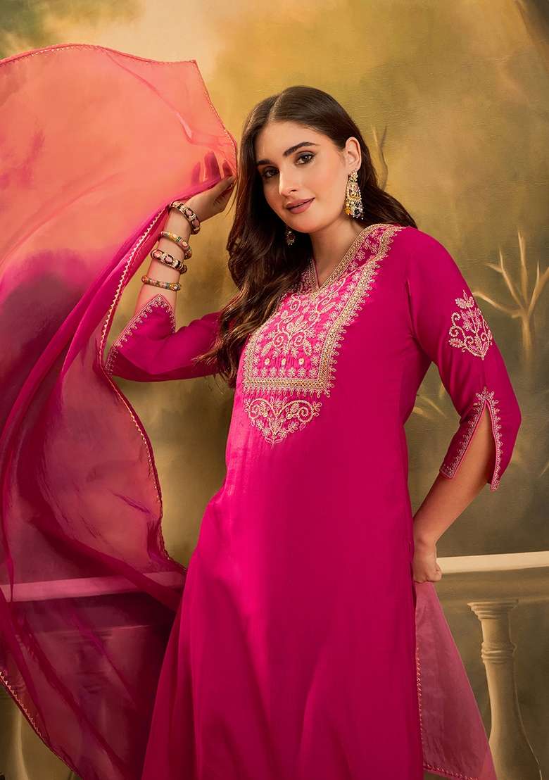 Rani Pink Embroidered Silk Pakistani Suit Set - Indya