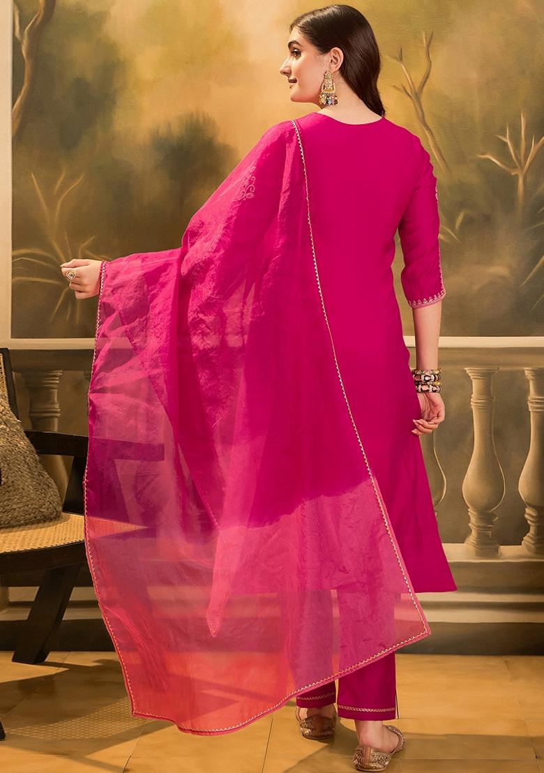 Rani Pink Sequin Embroidered Silk Salwar Kameez With Dupatta