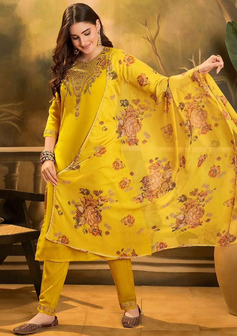 Yellow Embroidered Georgette Straight Kurta Set - Indya