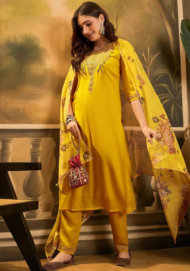 Yellow Sequin Embroidered Georgette Salwar Kameez With Dupatta