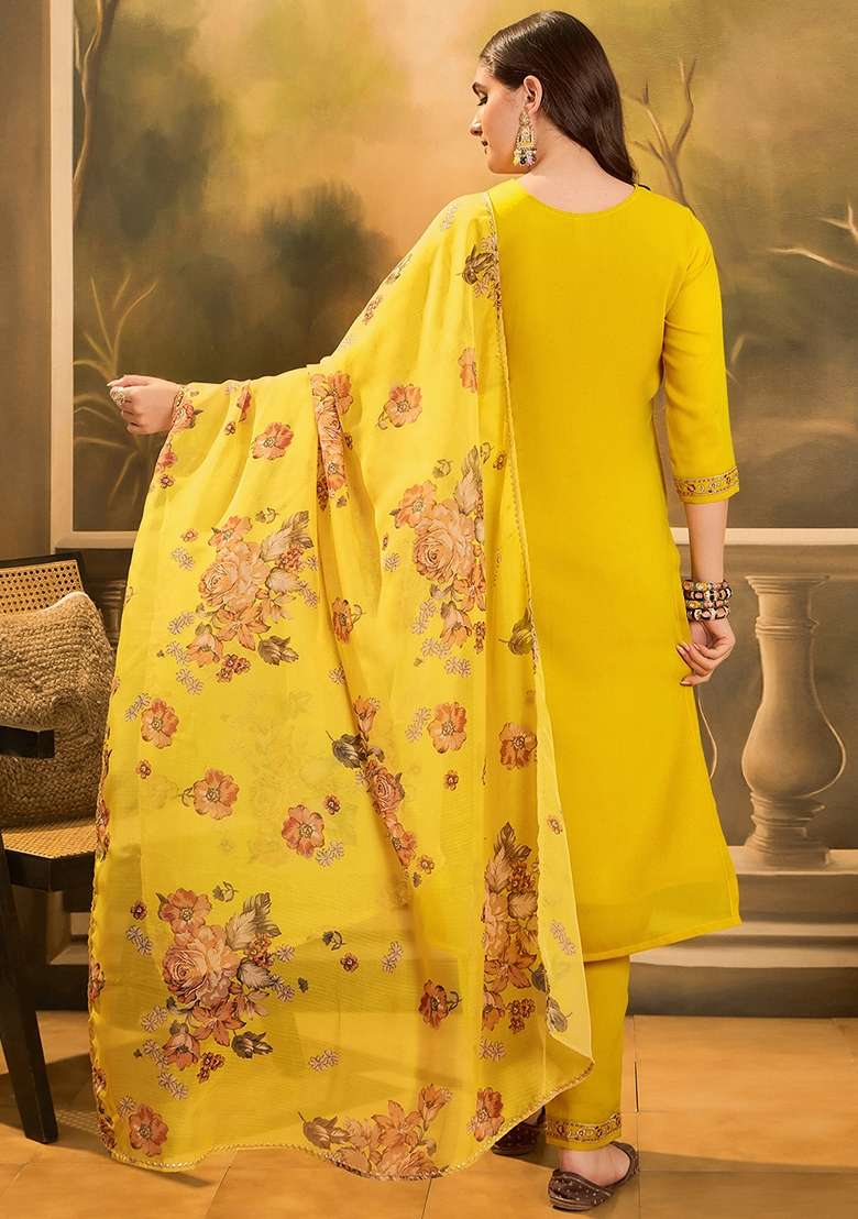 Yellow Embroidered Georgette Straight Kurta Set - Indya