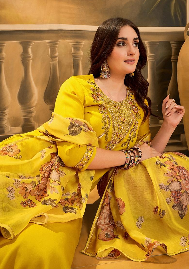 Yellow Sequin Embroidered Georgette Salwar Kameez With Dupatta