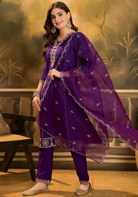 Purple Sequin Embroidered Silk Salwar Kameez With Dupatta