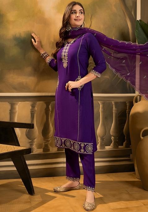 Purple Sequin Embroidered Silk Salwar Kameez With Dupatta