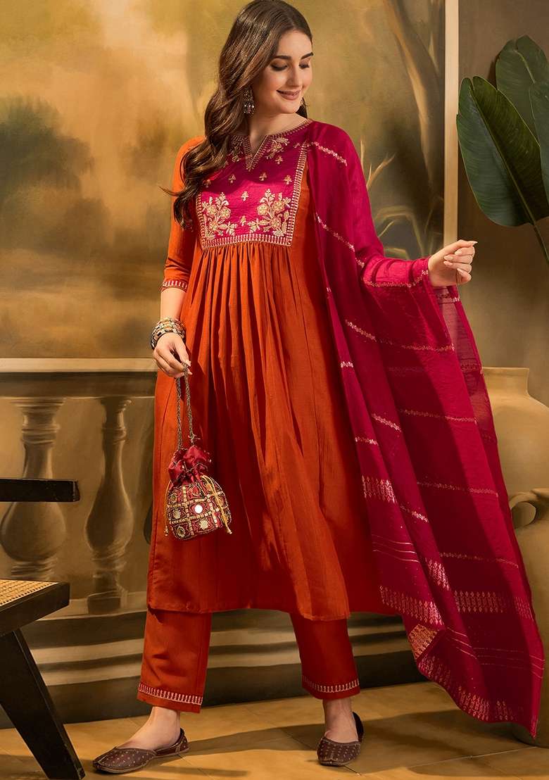 Orange Embroidered Chinon Anarkali Set - Indya