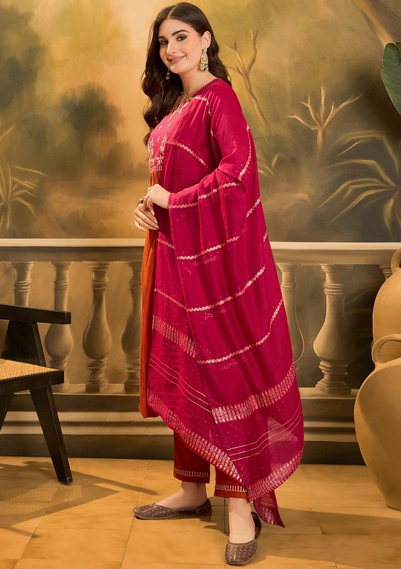 Orange Sequin Embroidered Chinon Salwar Kameez With Dupatta
