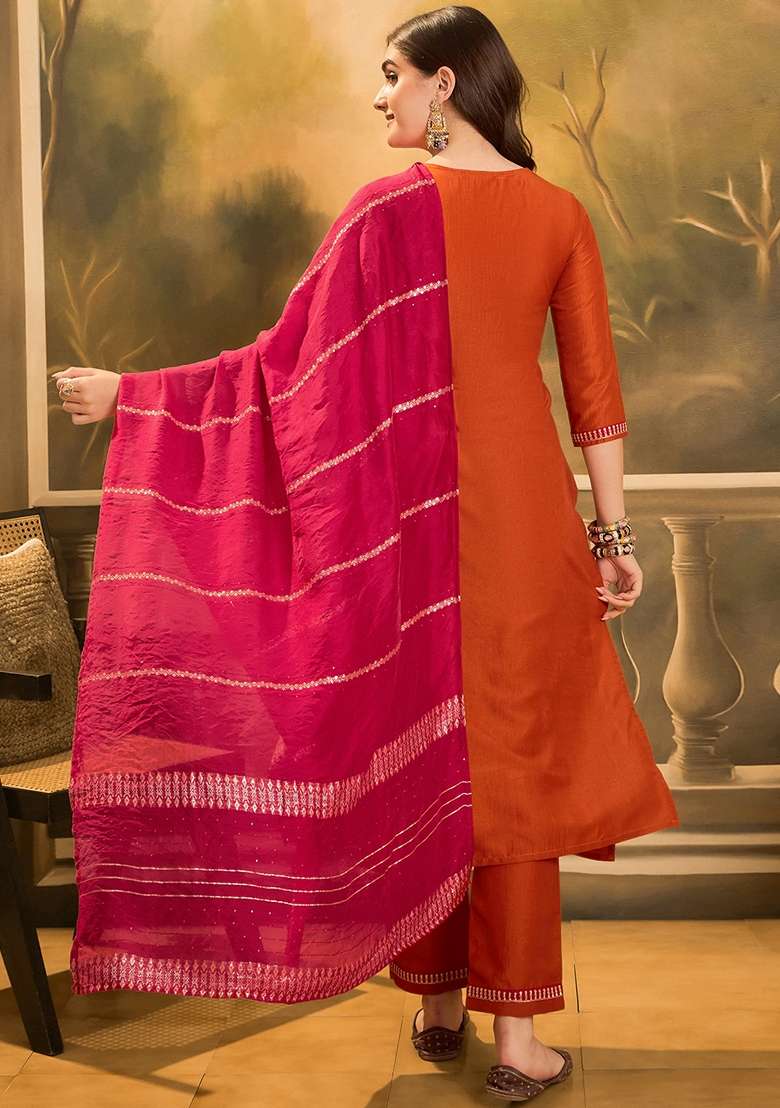 Orange Embroidered Chinon Anarkali Set - Indya