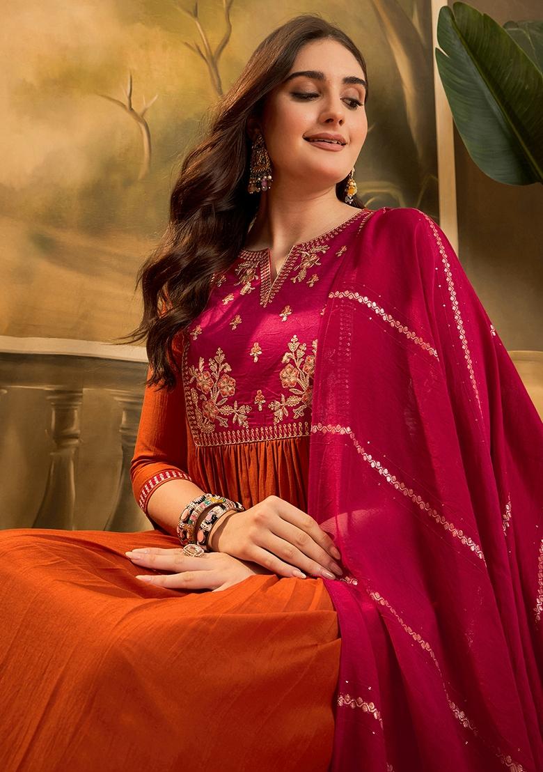 Orange Sequin Embroidered Chinon Salwar Kameez With Dupatta
